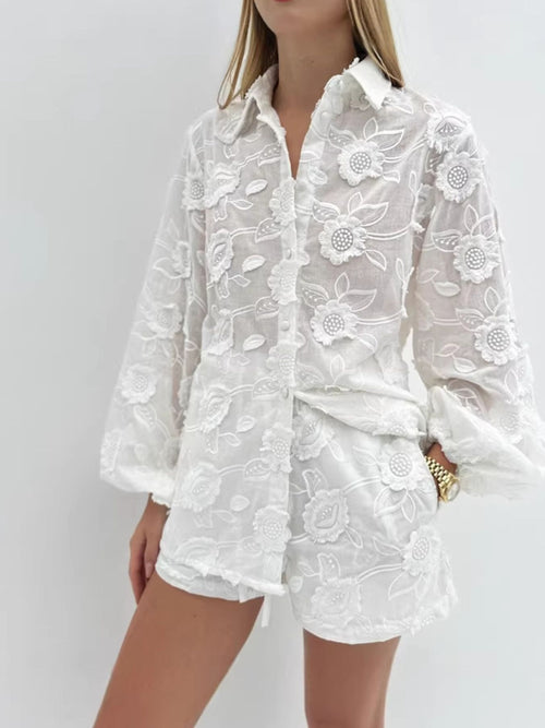 Women White Outfit Set Floral Embroidered Shirt and Shorts Stylish Lace Chic Beachwear