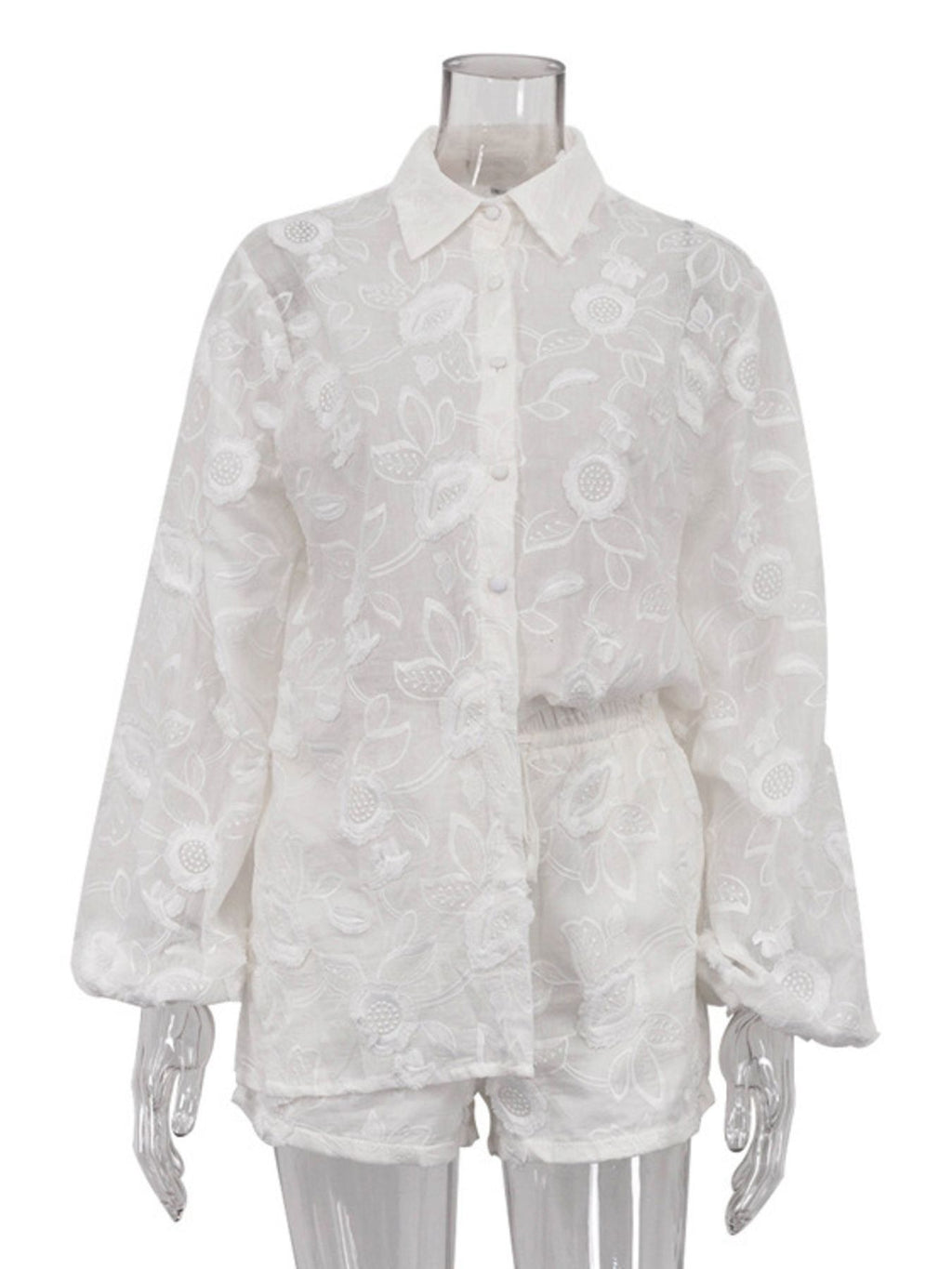 Women White Outfit Set Floral Embroidered Shirt and Shorts Stylish Lace Chic Beachwear