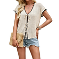 Tie-Front Knit Cardigan Lightweight V-Neck Trim Short Cap Sleeve Casual Sweater
