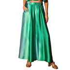 Tyche Ombre Satin Extra Wide Leg Pants High Elastic Waist Gradient Green Pocketed