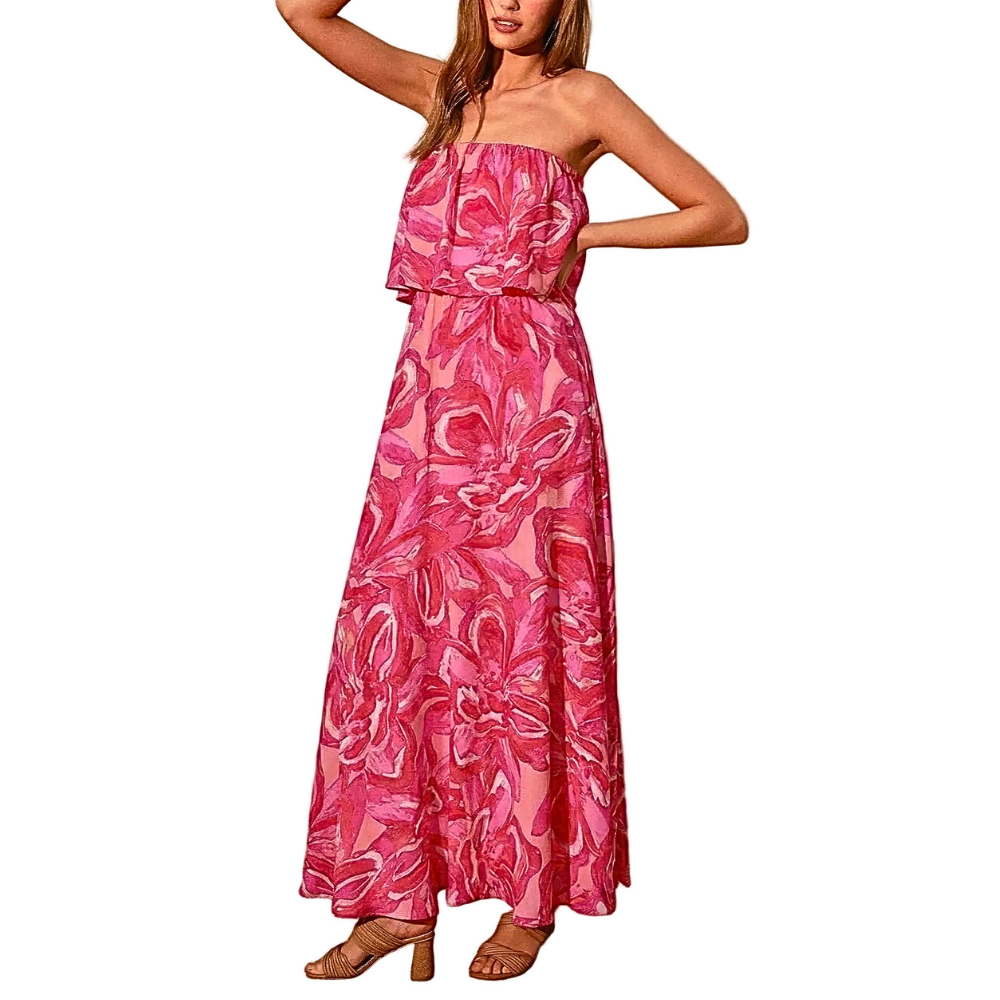 Tyche Party Strapless Maxi Dress Floral Ruffle Backless Summer Sleeveless Dress