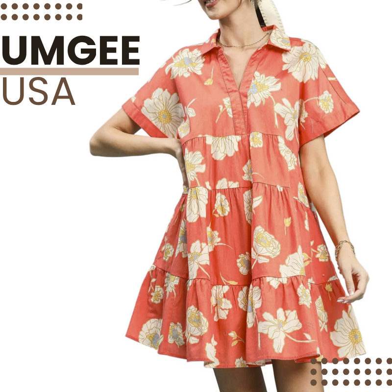 Umgee USA Babydoll Mini Dress Coral Floral Collared Ruffle Layered Short Sleeve Dress