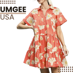 Umgee USA Babydoll Mini Dress Coral Floral Collared Ruffle Layered Short Sleeve Dress