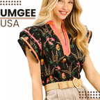 Umgee USA Blouse Black Floral Contrast Trim V-Neck Flutter Short Sleeve Boho Top