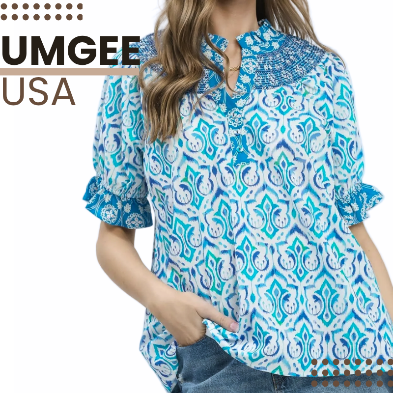 Umgee Blouse Azure Blue Mix Boho Print Smocked Split Neck Puff Short Sleeve Top