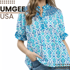 Umgee Blouse Azure Blue Mix Boho Print Smocked Split Neck Puff Short Sleeve Top