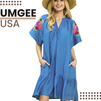 Umgee Babydoll Ruffle Mini Dress Blue Floral Embroidered Leeves Boho Sundress