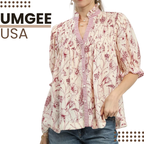 Umgee USA Floral Blouse Loose Red Mixed Print Button-Front Top Smocked Yoke