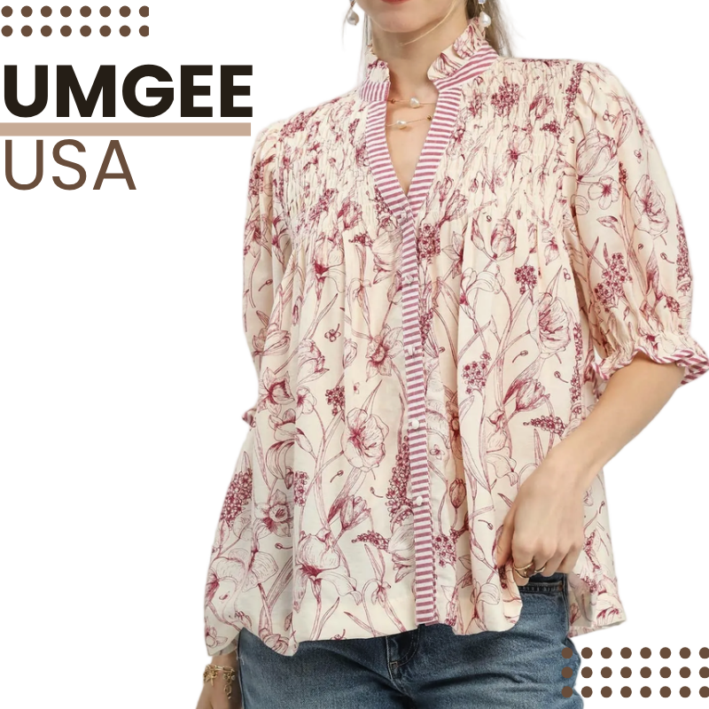 Umgee USA Floral Blouse Loose Red Mixed Print Button-Front Top Smocked Yoke