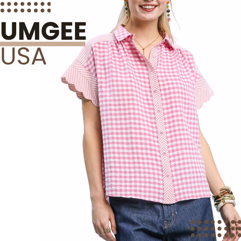 Umgee Casual Shirt Blouse Gingham Plaid Pink Stripe Contrast Short Sleeve Boho Top