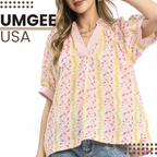 Umgee USA Blouse Boho Pink Pink Mixed Print Stripe Contrast V-Neck Casual Top
