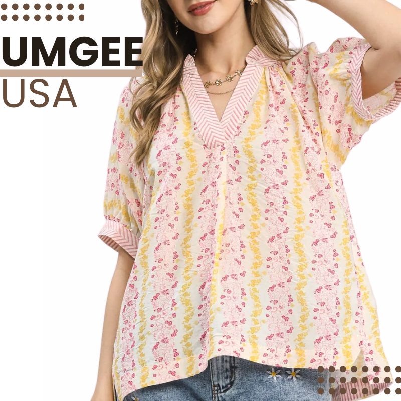 Umgee USA Blouse Boho Pink Pink Mixed Print Stripe Contrast V-Neck Casual Top