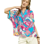 Umgee Bluse Blau Blumen Abstrakt Print Oversize V-Ausschnitt Spitze Lässiges Oberteil