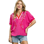 Umgee Blouse Floral Embroidered Hot Pink V-Neck Stripe Trim Casual Top