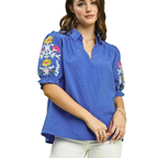 Umgee Blouse Floral Embroidered Sleeve V-Neck Ruffle Blue Short Sleeve Top