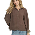 Umgee Blouse Half Button Collar Leopard Trim Brown Long Sleeve Casual Top
