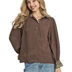 Umgee Bluse Halber Knopfkragen Leopard Besatz Braun Langarm Freizeit-Top
