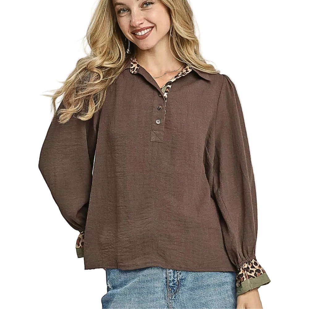 Umgee Blouse Half Button Collar Leopard Trim Brown Long Sleeve Casual Top