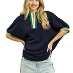 Umgee Blouse Navy Textured Rib Knit V-Neck Stripe Trim Casual Loose Top