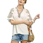 Umgee Casual Blouse Cream V-Neck Floral Embroidered Short Sleeve Top