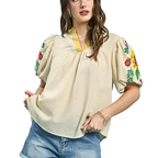 Umgee Casual Blouse Floral Embroidered Puff Short Sleeve V-Neck Ruffle Top
