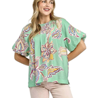 Umgee Lässige Bluse Paisley-Print Salbeigrün Puffärmel Kurzarm Rüschenoberteil