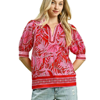 Umgee Casual Blouse Red Floral V-neck Lace Trim Short Puff Sleeve Top