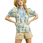 Umgee Baumwollbluse Blau-Mix Abstraktes Muster V-Ausschnitt Kontrastbesatz Freizeit-Top