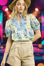 Umgee Baumwollbluse Blau-Mix Abstraktes Muster V-Ausschnitt Kontrastbesatz Freizeit-Top