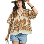 Umgee Cotton Blouse Floral Mix Printed Puff Sleeve V-Neck Contrast Trim Top