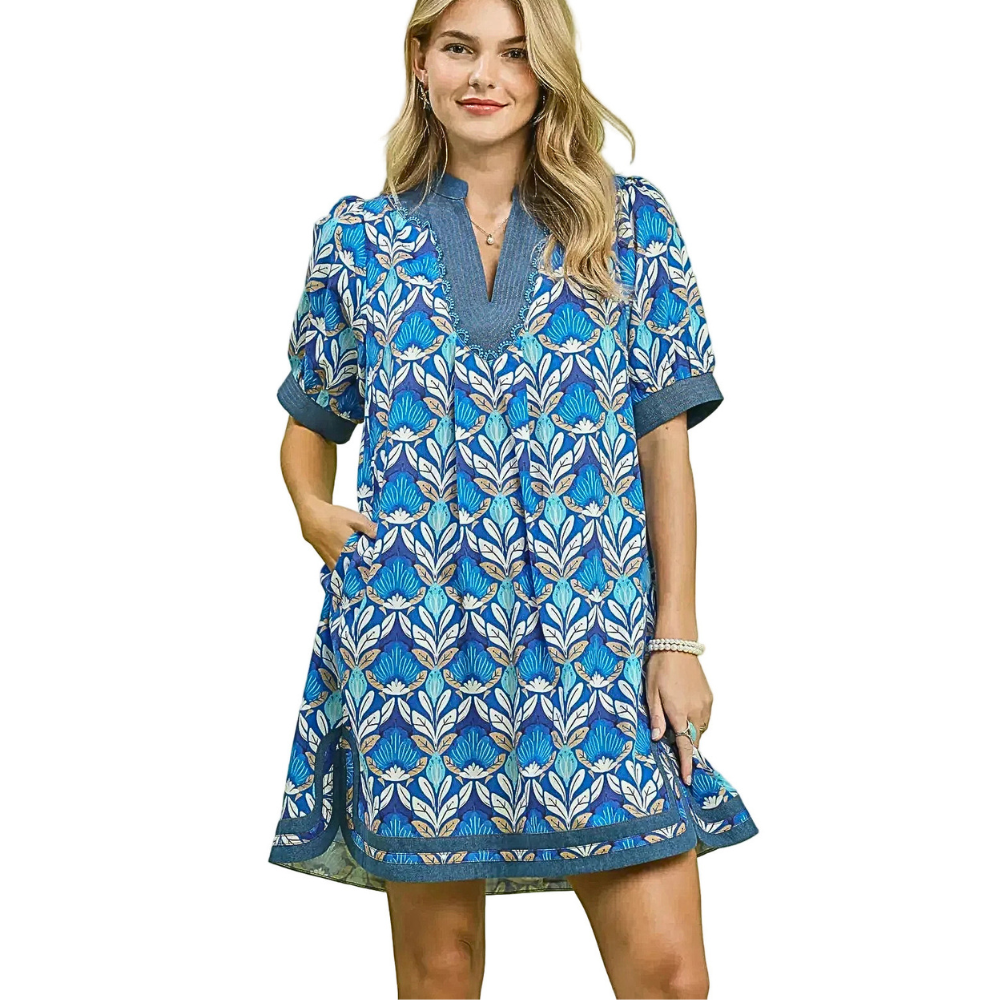 Umgee Cotton Mini Dress Blue Floral Tile Mix V-Neck Trim Casual Short Sleeve