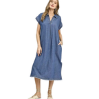 Umgee Denim Midi Dress V-Neck Collared Raw Hem Short Sleeve Shift Pocketed