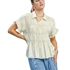 Umgee Linen Cotton Shirt Smocked Button-up Short Sleeve Ruffle Ruched Top