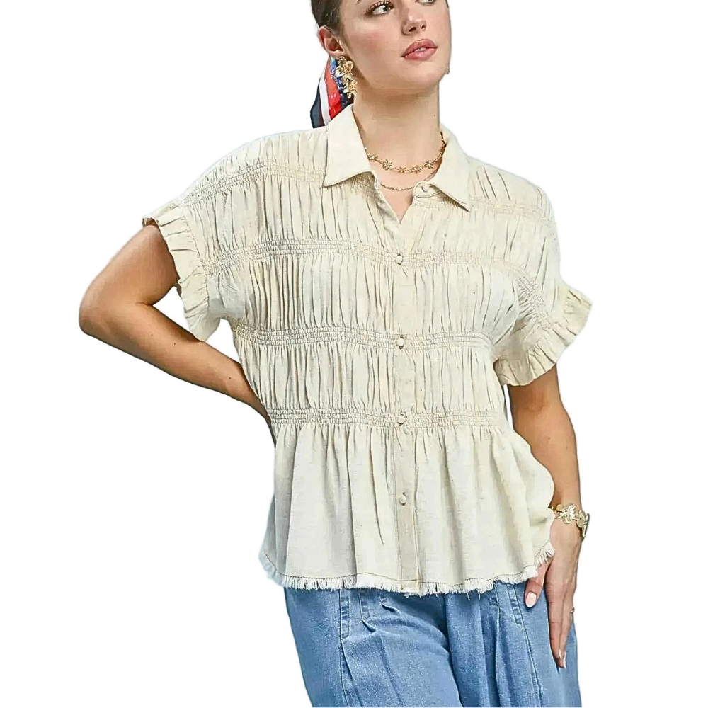Umgee Linen Cotton Shirt Smocked Button-up Short Sleeve Ruffle Ruched Top