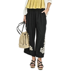 Umgee Leinenhose Schwarz mit Blumenstickerei Weites Bein Boho Knöchelhose