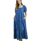 Umgee Midi Dress Blue Textured Ruffle Layered Square Neck Short Sleeve