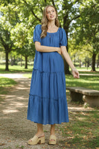 Umgee Midi Dress Blue Textured Ruffle Layered Square Neck Short Sleeve