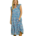 Umgee Midi Dress Floral Blue Leaf Print V-Neck Ruffle Short Sleeve with Pockets
