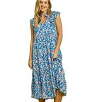 Umgee Midi Dress Floral Blue Leaf Print V-Neck Ruffle Short Sleeve with Pockets