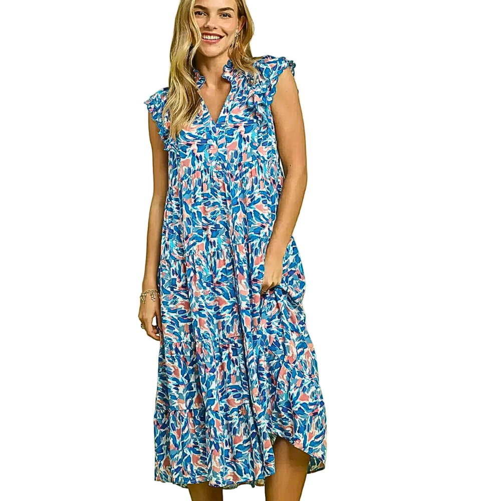 Umgee Midi Dress Floral Blue Leaf Print V-Neck Ruffle Short Sleeve with Pockets