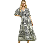 Umgee Midi Dress Paisley Cream Black Print V-Neck Collared Casual Ruffle Flowy