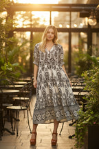 Umgee Midi Dress Paisley Cream Black Print V-Neck Collared Casual Ruffle Flowy