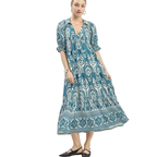 Umgee Midikleid Paisley Hellblau Print V-Ausschnitt Kragen Lässig Rüschen Fließend