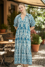 Umgee Midikleid Paisley Hellblau Print V-Ausschnitt Kragen Lässig Rüschen Fließend