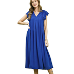 Umgee Midi Dress V-Neck Ruffle Short Sleeve Royal Blue Casual Summer