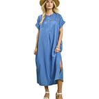 Umgee Midi Shift Dress Cotton Gauze Buttoned Lace Trim Side Slit Casual Blue
