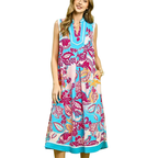 Umgee Midi Shift Dress Floral Blue V-Neck Stripe Trim Sleeveless Ruffle Pocketed