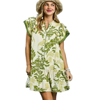Umgee Mini Dress Floral Sage Green V-Neck Button Ruffle Short Sleeve