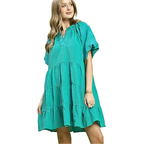 Umgee Mini Dress Ruffle Layered Floral Embroidered V-Neck Short Sleeve Jade