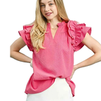 Umgee Ruffle Blouse Textured V-Neck Short Flutter Sleeve Casual Pink Top
